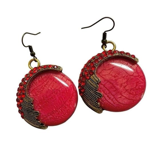 Red gold tone rhinestone round earrings - Picture 1 of 10